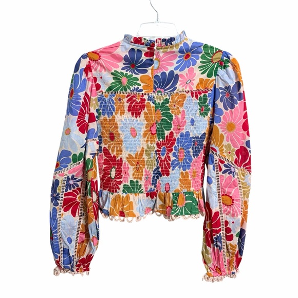 Farm Rio Sunny Daisies Smocked Peplum Crop Top S Multicolor Boho Lace Festival - Picture 5 of 8